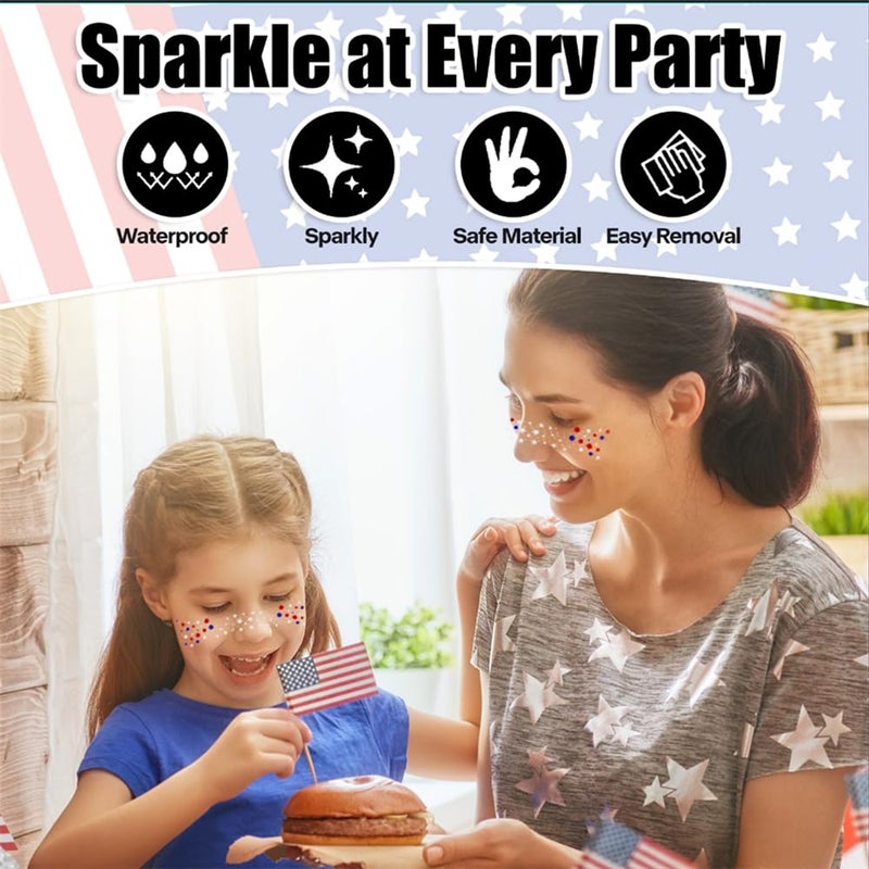 Go Ho Patriotic Red White and Blue Glitter Freckles Face Tattoo,4th of July Freckles Sparkle,4th of July Outfits for Women Kids,Fourth of July Glitter Stickers on Independence Day,6 Pcs - Image 4